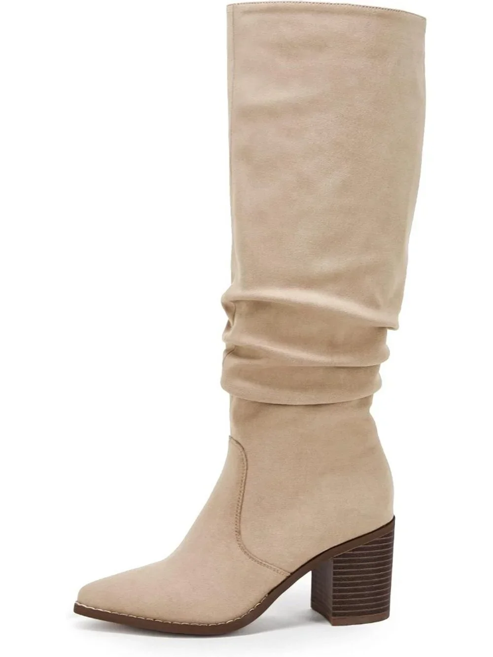 Women's Beige Pointed Toe Mid Chunky Heel Side Zipper Over The Knee Boots